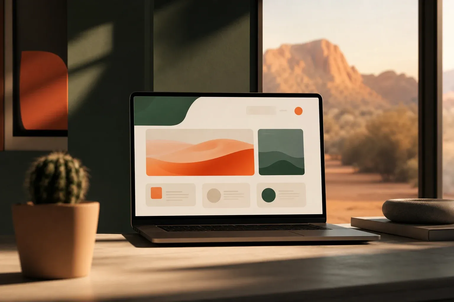 A premium workspace with a clean, conversion-focused landing page on screen