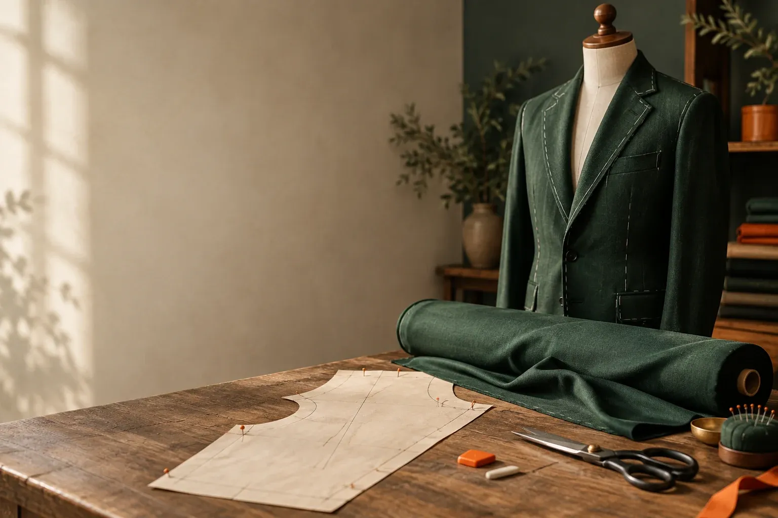 A tailor's workbench with a bolt of deep green cloth, a paper pattern pinned beside a ready-made jacket on a form, chalk and shears in warm daylight