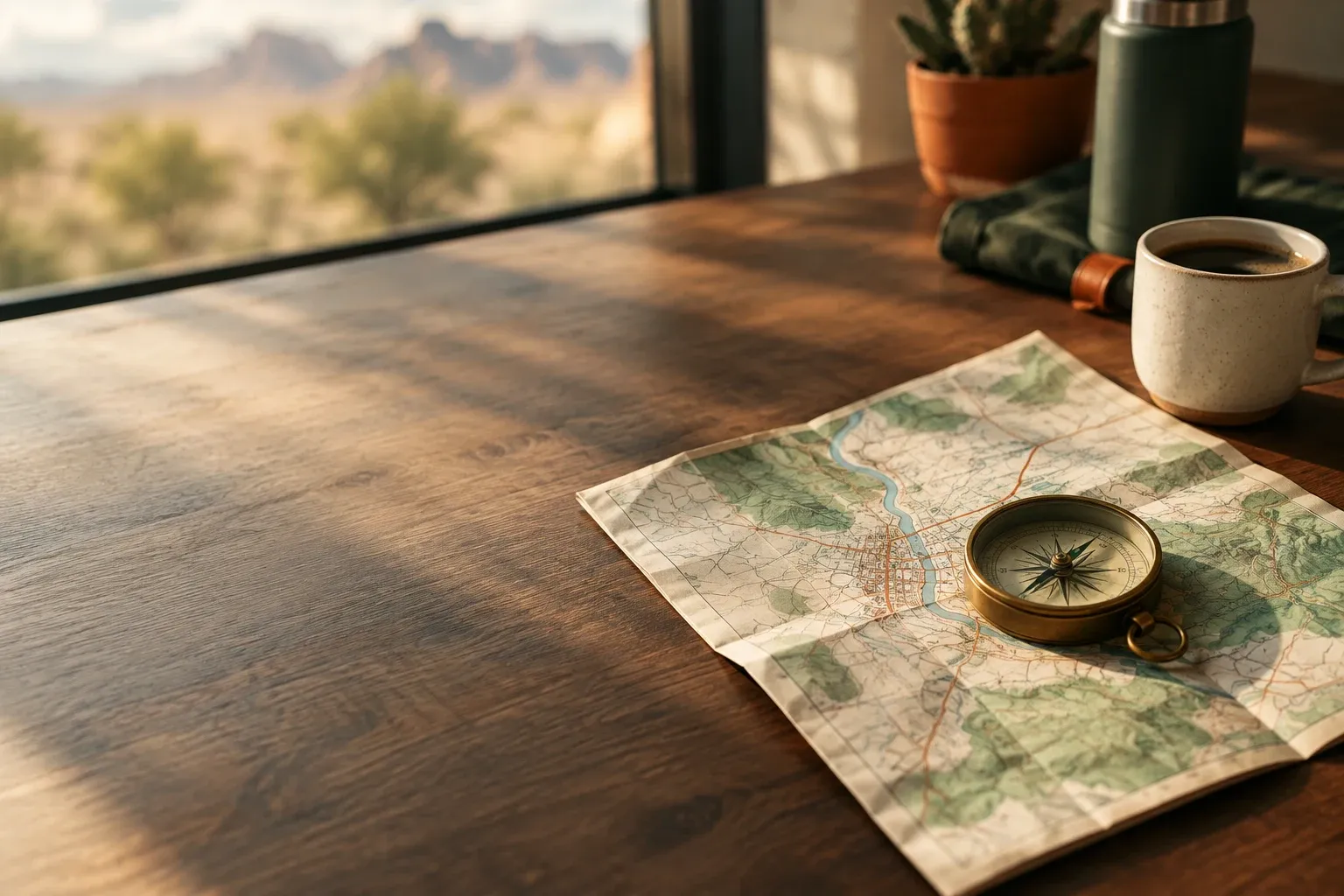 A folded paper map of a small town on a wooden table with a brass compass resting on it in morning light