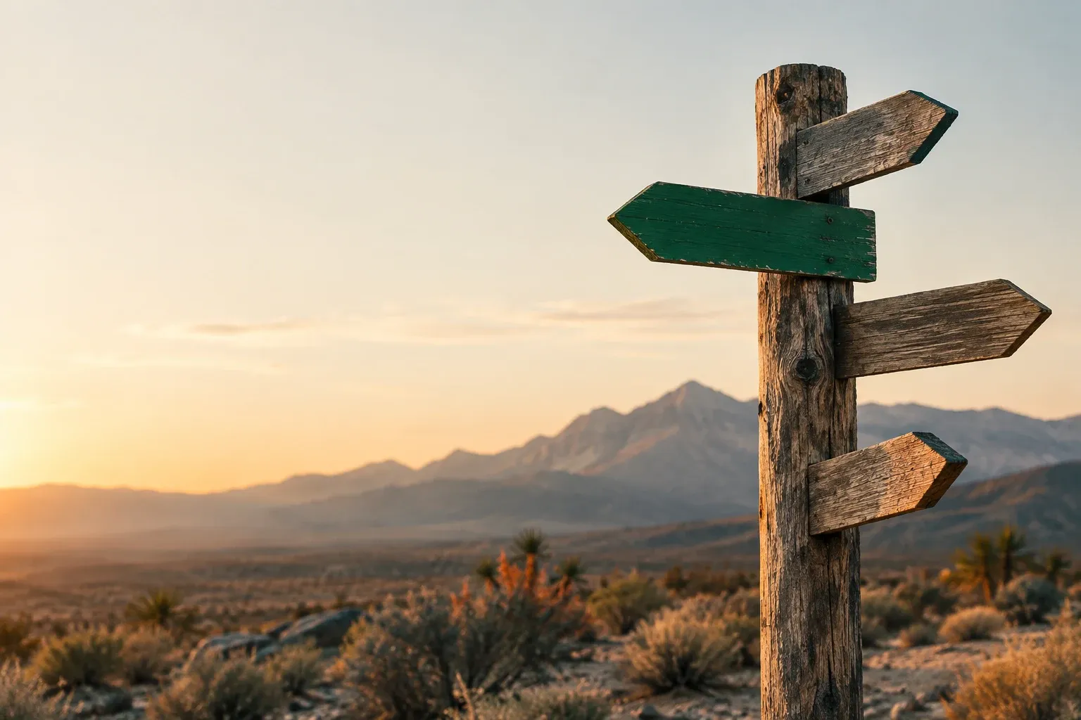 A weathered signpost in open desert pointing in several directions, one arm freshly painted