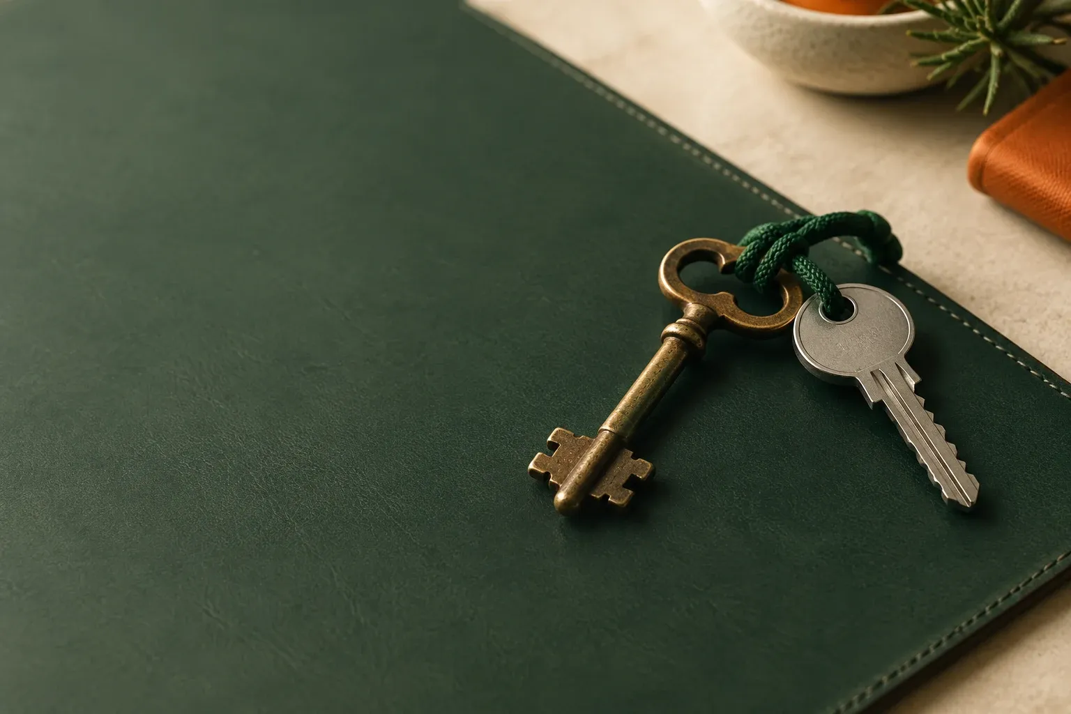 An old brass key and a new steel key side by side on a leather desk mat, tied together with green cord
