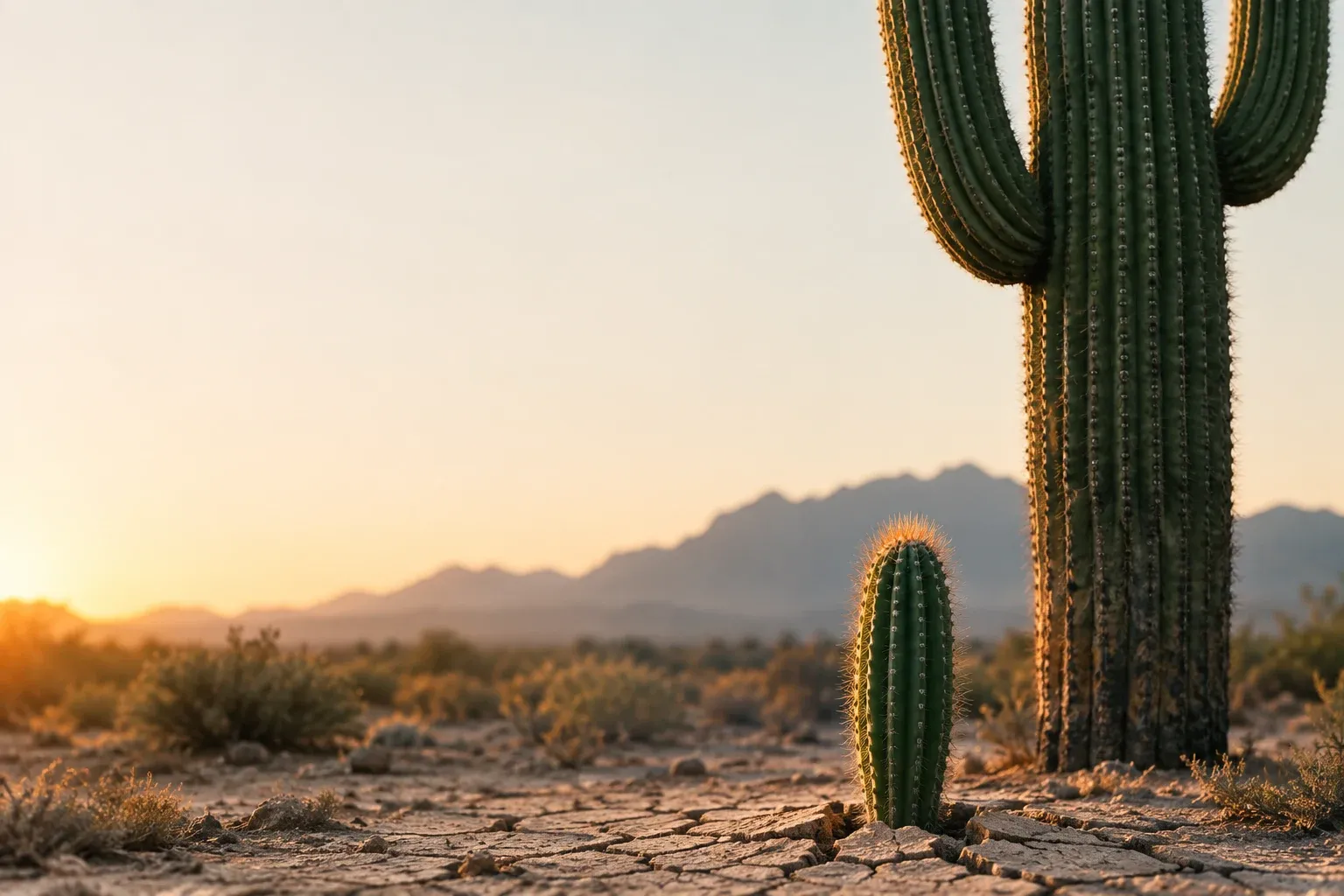 A young saguaro cactus sprouting from cracked desert ground beside a much taller mature one in early light
