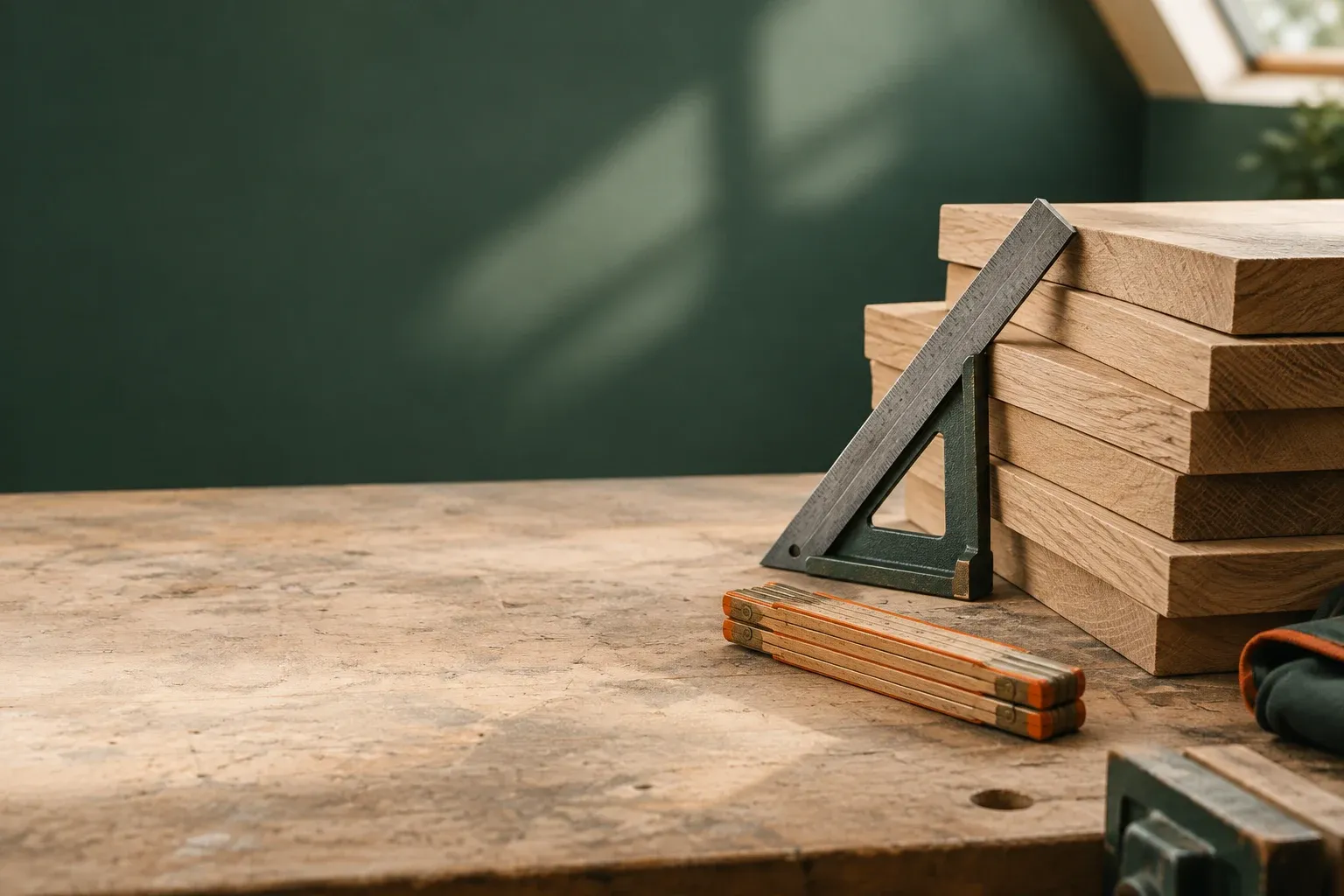 A carpenter's square, a folding rule, and a stack of sanded oak boards arranged precisely on a workbench under soft skylight