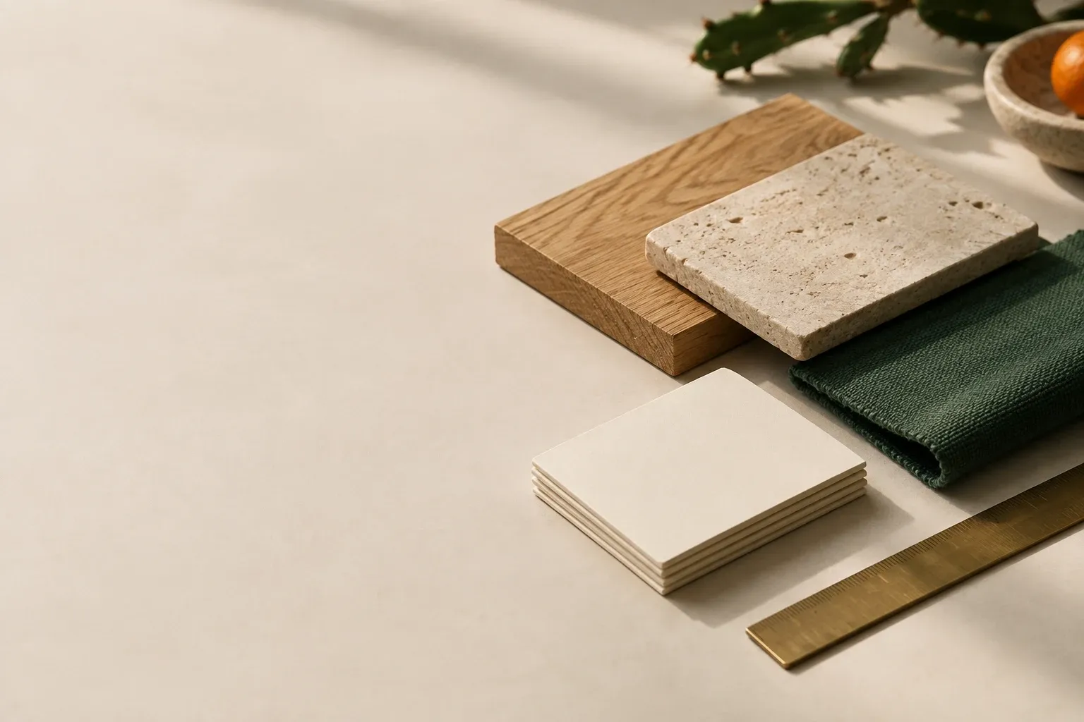 Neatly arranged material samples and blank specification cards on a warm desk, suggesting the components that make up a website quote