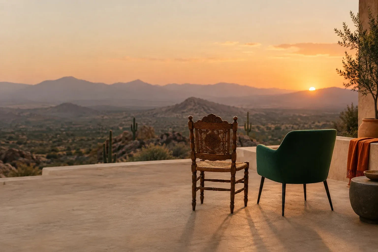 Two chairs on a warm terrace at dusk, one ornate antique wooden chair and one clean modern chair in deep green, facing the same desert view