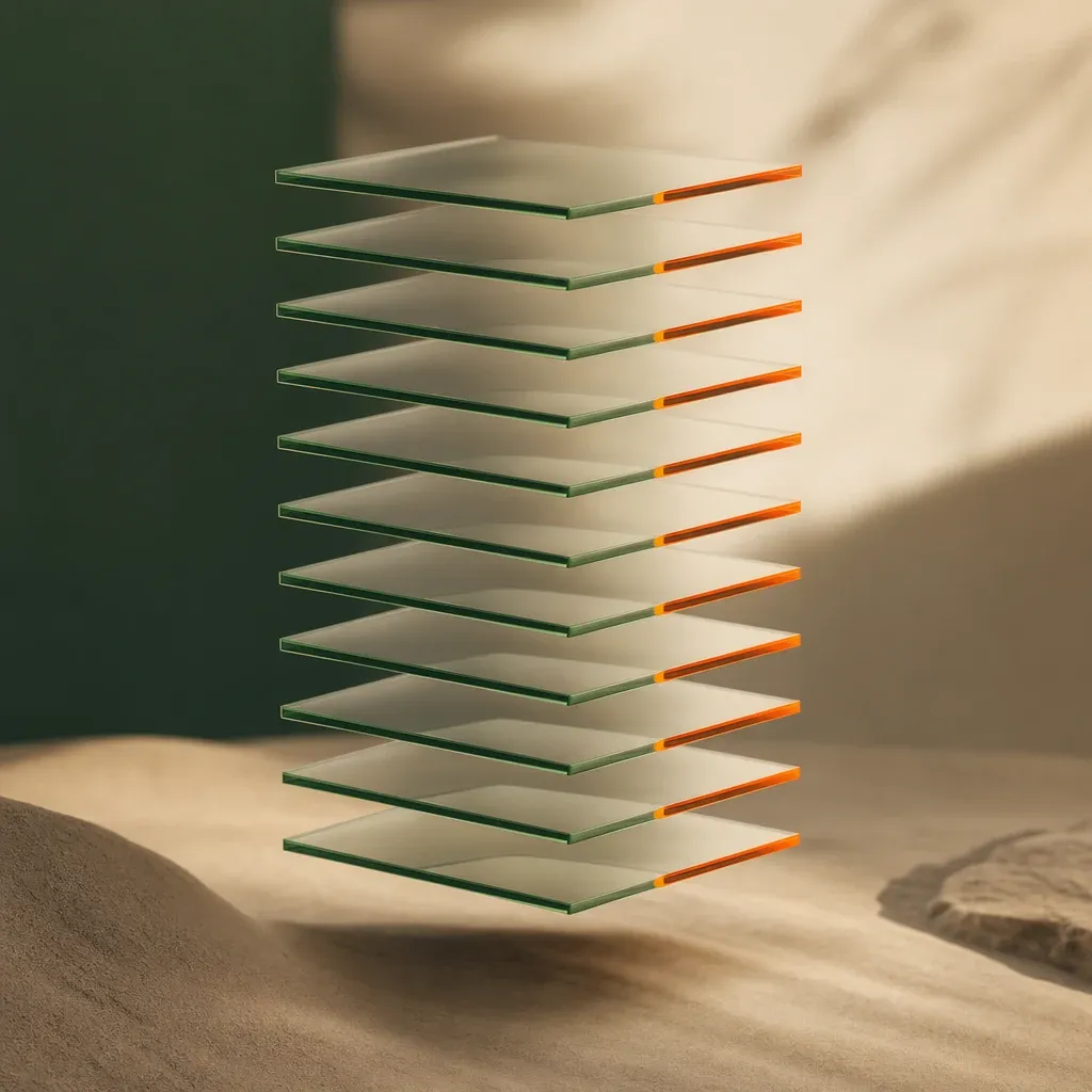 Layered translucent panels in cactus green and launch orange — a visual metaphor for the twelve-layer Growth Stack