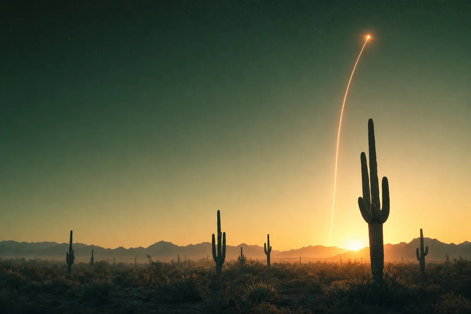 Desert dawn with a launch trail arcing over saguaro silhouettes — the CactusLaunch aesthetic