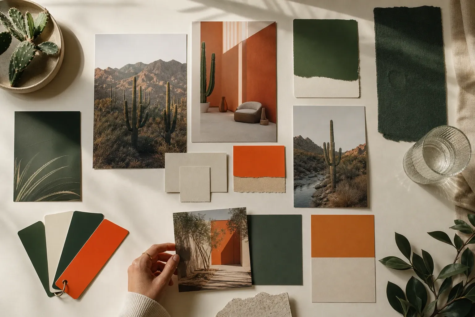 A designer's moodboard grid in cactus green, launch orange, and sand tones — the Visual Engine aesthetic