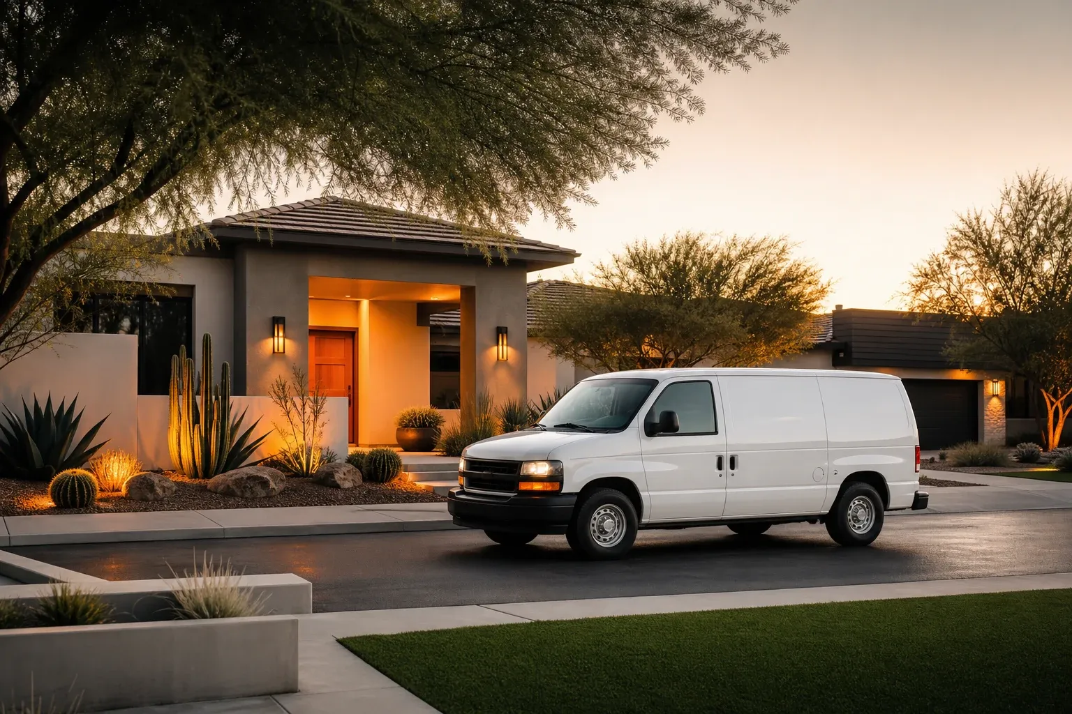 Pristine service van at dawn in an upscale neighborhood — home services visual direction