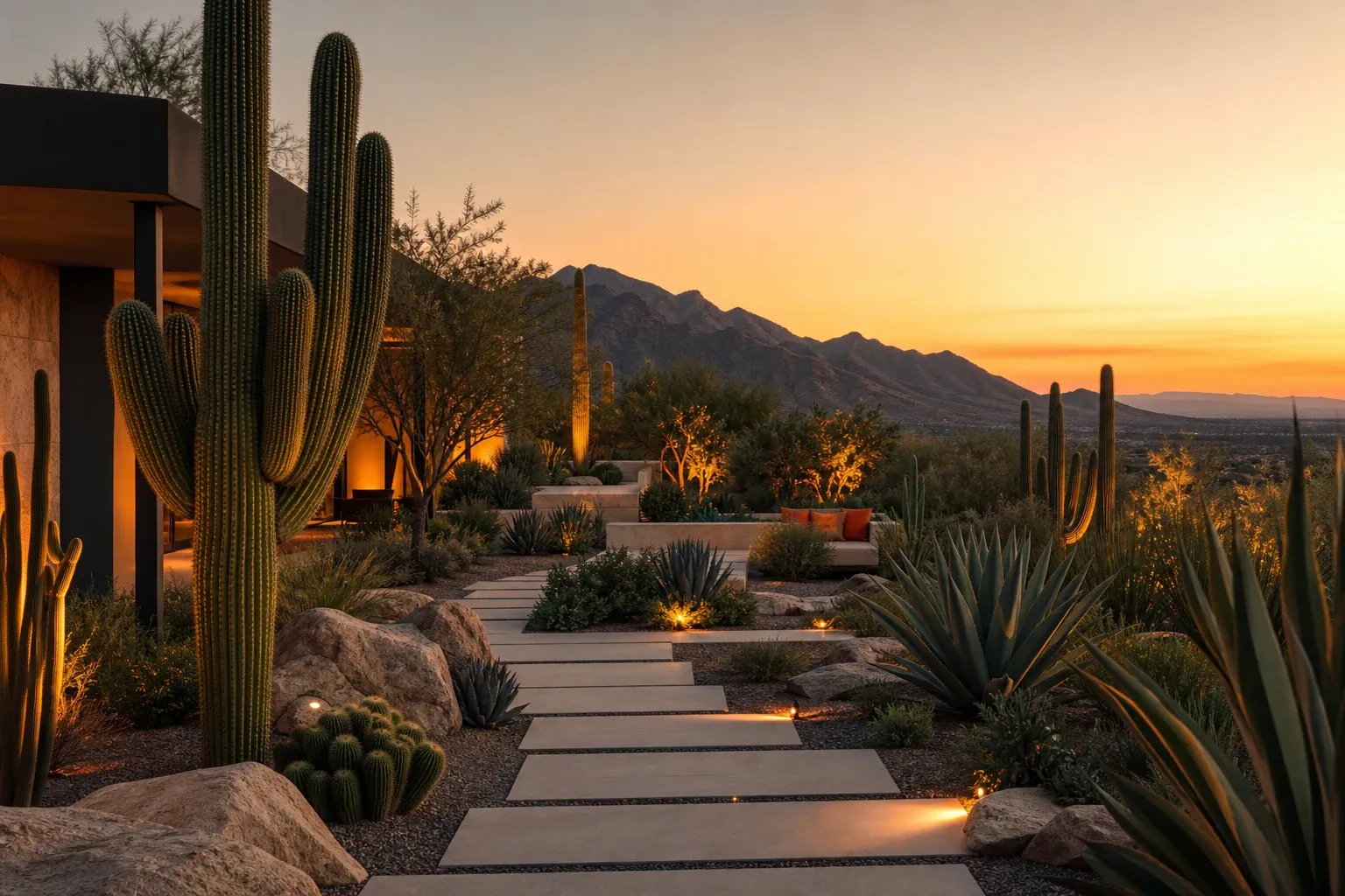 Premium landscaping business visual concept — manicured desert garden at golden hour