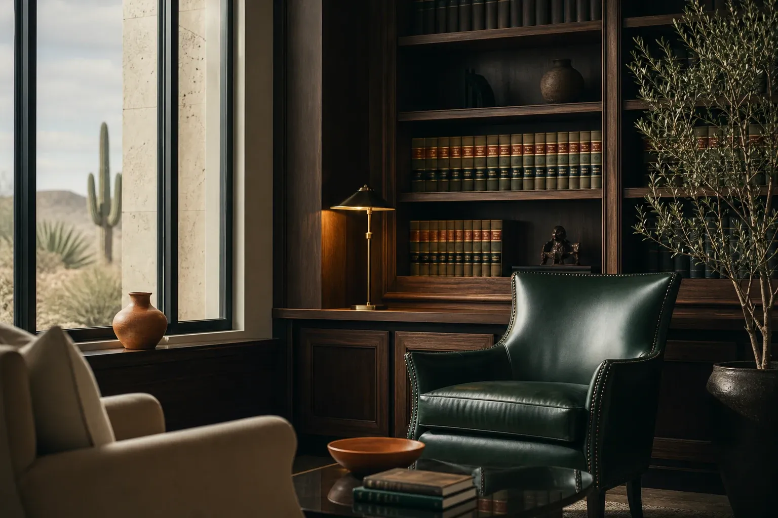 Refined law office interior visual concept with warm natural light
